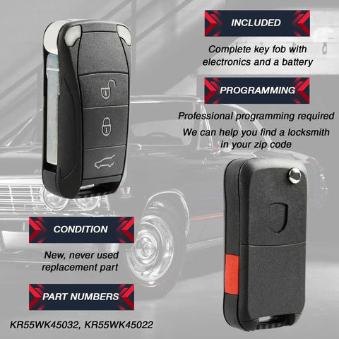 Keyless Entry Remote Fob Replacement For Porsche Cayenne 2004 2005 2006 2007 2008 2009 2010 2011, 4 Button Flip Key, side and front view