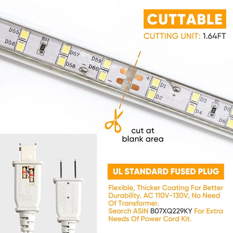 82Ft Dimmable LED Rope Lights With Double Row Lit Warm White 3000K Cold Weather Ready Outdoor IP65 Waterproof 110V 120V AC Cuttable String Lights close-up showing cuttable sections and UL plug.