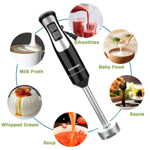 No Fuss Handheld Immersion Blender Built With Heavy Duty Stainless Steel Blades And Quick Release Milk Frother Plus Egg Whisk Tool For Stress Free Smoothies Soups with various food types.