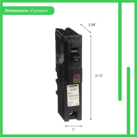 Homeline Plug On Neutral 20 Amp Single Pole Dual Function CAFCI GFCI Circuit Breaker For 120V Load Centers dimensions displayed