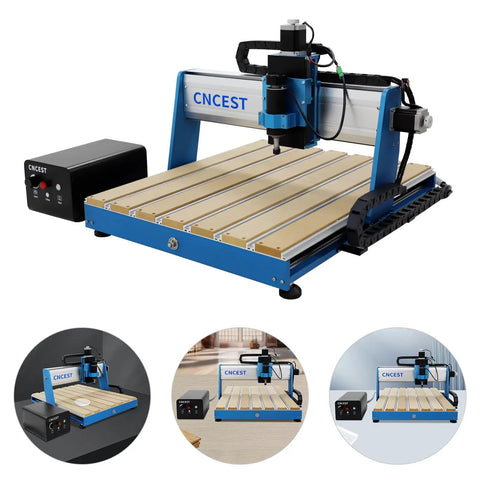 Heavy Hitting 3 Axis CNC Router Machine With 500W Air Cooled Spindle For Kickass Precision Wood Acrylic And Plastic Carving Cutting Featuring Sleek Aluminum Build And Hassle Free USB GRBL Control, showing the machine's details and control box.