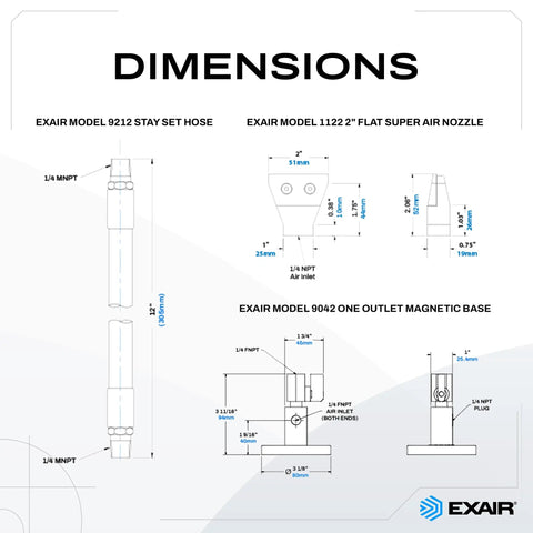 Dimensions of Flat 2 Inch Pro Grade Super Air Nozzle Blowoff Kit with Stay Set Hose and Magnetic Base USA Made