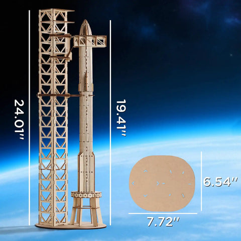 Hands On 3D Wood Puzzle For Adults SpaceX Starship Super Heavy Booster DIY Rocket Model Kit with dimensions displayed
