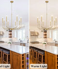Gold Chandelier Light Fixture With Eight Lights In Modern Farmhouse Style, showing cold and warm light in kitchen setting