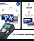 Portable Bluetooth Barcode Scanner With Handy Screen For 1D And 2D QR Codes Real Time LCD Display USB Wired Or Wireless shown with devices