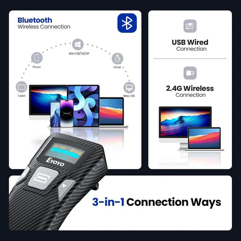 Portable Bluetooth Barcode Scanner With Handy Screen For 1D And 2D QR Codes Real Time LCD Display USB Wired Or Wireless shown with devices