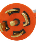 Close-up of NEMA L21-30 plug, showing five prongs for Heavy Duty Nema L2130 30 Amp Three Phase 120 208V Industrial Rubber Extension Cord 25 Feet.