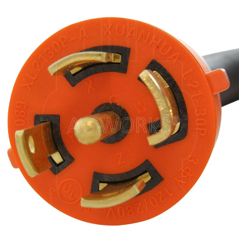 Close-up of NEMA L21-30 plug, showing five prongs for Heavy Duty Nema L2130 30 Amp Three Phase 120 208V Industrial Rubber Extension Cord 25 Feet.