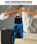 Cordless 20V Heat Gun Kit With Dual 4.0Ah Batteries, shown heating an orange hose, with digital controls visible.