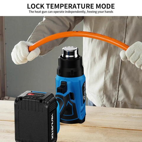 Cordless 20V Heat Gun Kit With Dual 4.0Ah Batteries, shown heating an orange hose, with digital controls visible.