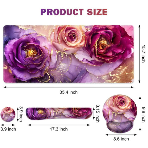 Ultra Large Gaming Mouse Pad Desk Mat With 4 In 1 Ergonomic Wrist Rests And Coaster Set XXL Keyboard Wrist Rest Mouse Pad Combo For Home Office Marble Rose Purple Flowers Design showing product dimensions and floral design.