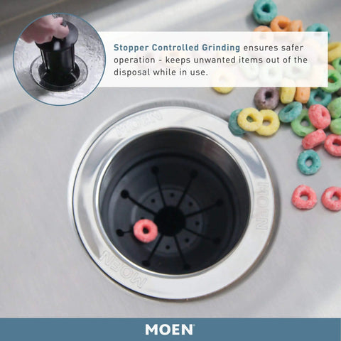 Powerful 0.75 Horsepower Garbage Disposal With Power Cord, Batch Feed Safety Activation And Quiet Operation, sink view with cereal