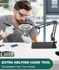 Person using 5X And 10X Magnifying Lamp With Stand Clamp Lighted Magnifier For Close Work on electronics board.