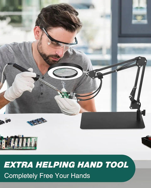 Person using 5X And 10X Magnifying Lamp With Stand Clamp Lighted Magnifier For Close Work on electronics board.