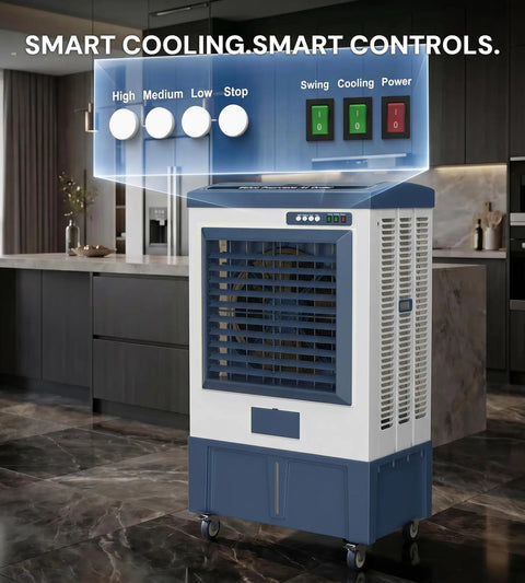 Heavy Duty 6500 Cfm Portable Evaporative Swamp Cooler With 19 Gal Tank 120 Oscillation Auto Fill Blower Kickin That Summer Humidity For Patios Garages Workspaces And Job Sites 56 Inches Tall with user controls in modern kitchen.