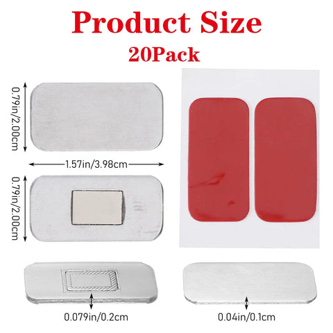 Dimensions of Ultra Thin Magnetic Cabinet Catch Set 20 Pack EZ Install Self Adhesive No Drill Drawer Latches with red adhesive strips.