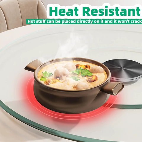 26.7 Inch Tempered Glass Lazy Susan with hot pot, highlighting heat resistance on a dining table, 68 cm diameter.