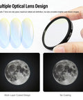 Hand holding Deluxe LRGB 2 Inch Filter Set For Astrophotography With Monochrome CCD Cameras; multi-layer lens illustration