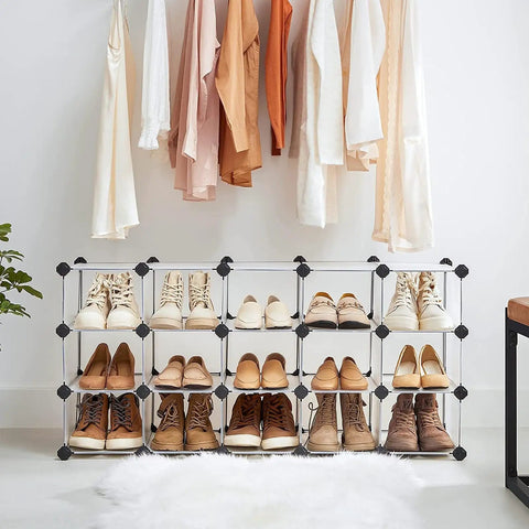 Interlocking Sixteen Cube Shoe Rack Organizer DIY Storage Cabinet For Closet Entryway Bedroom And Garage Space Saver With Transparent Panels 12 By 35.1 By 27.2 Inches, full of shoes, beneath coats