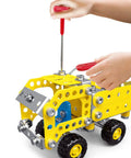 Hands assembling a model vehicle from 7 In 1 STEM Vehicle Kit For Kids Ages 8 9 10 11 12 Plus 180 Piece Construction Set