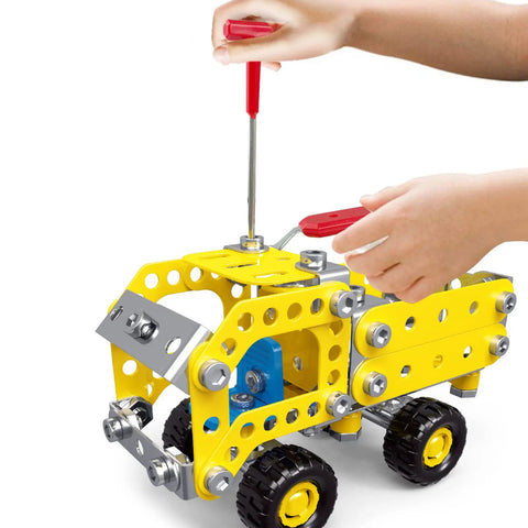 Hands assembling a model vehicle from 7 In 1 STEM Vehicle Kit For Kids Ages 8 9 10 11 12 Plus 180 Piece Construction Set