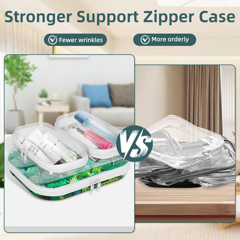 Clear Hard Shell Zipper Cases Set Of Three 2 Small And 1 Medium Durable PET Plastic Pencil Case And Diaper Bag Organizer, displayed open with items inside and stacked closed.