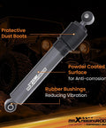 maXpeedingrods dual steering stabilizer for Jeep Wrangler JK/JKU; side view, gray powder-coated body with rubber bushings