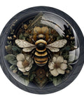 Bee and Flowers Round Cabinet Knobs Set of Four 1.37 Inch Black Kitchen Cupboard Handles Glass detail with bee and flowers design.