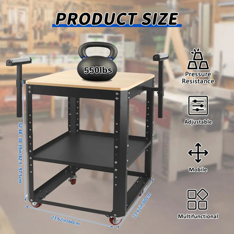 Shop Ready Heavy Duty Rolling Planer Stand With Height Adjustable Platform and Smooth Extension Rollers For 550 Lb Shop Floor Capacity Plus Massive Double Layer Tool Cart Built For Saws And Gear with weights.