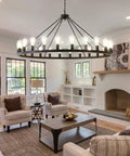 53 Inch Farmhouse Wagon Wheel Chandelier With 24 Lights Rustic Black Round Ceiling Light in living room