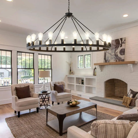 53 Inch Farmhouse Wagon Wheel Chandelier With 24 Lights Rustic Black Round Ceiling Light in living room