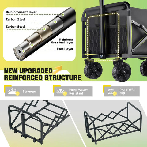 Reinforced steel frame diagram and structure of Heavy Duty Collapsible Wagon Cart For All Terrain Use With 100Kg Load Capacity Portable Folding Utility Wagon