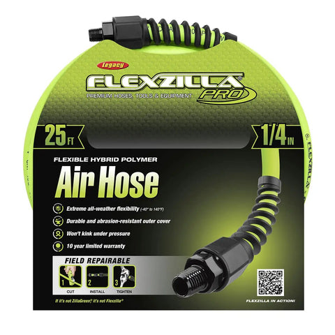 Packaging of Workhorse Air Hose One Quarter Inch By Twenty Five Feet, Heavy Duty Hybrid Polymer, lightweight, all weather.