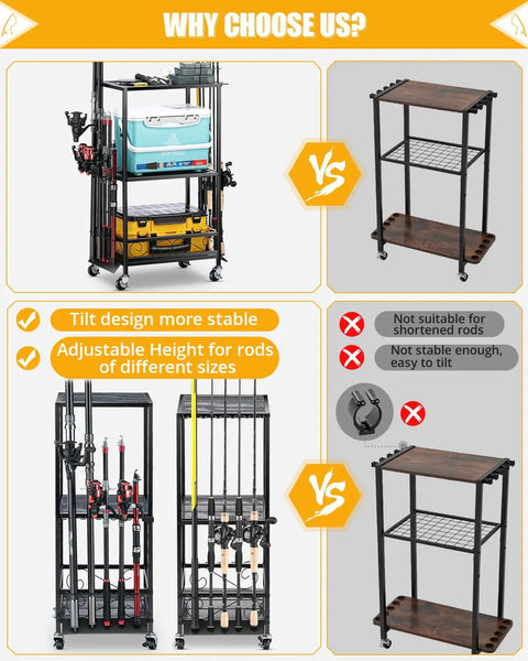 Adjustable Height Fishing Rod Holder Rack for Ten Rods Durable Pole Organizer for Garage Basement or Indoor Storage comparison