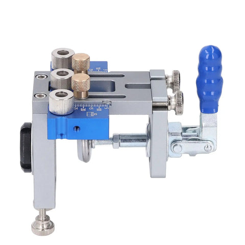 Self Centering Dowel Jig Kit With Adjustable Drill Guide And Six Heavy Duty Bushings Plus Three Carbide Bits For Hassle Free Furniture Assembly And Diy Woodworking Projects That Deliver Dead Nuts Alignment Every Time, showing adjustable guide.