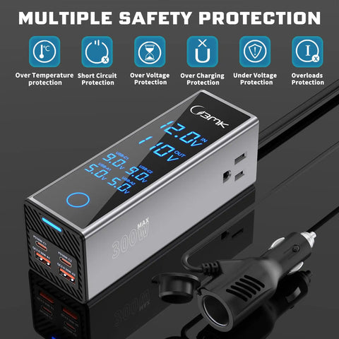 Road Trip Vibes 300W Car Power Inverter Dc To Ac Converter with LCD display and 4 USB ports for powering devices.