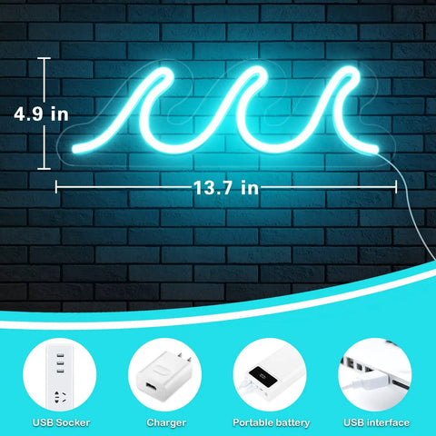 Ice Blue Neon Wave Sign For Bedroom Decor USB Powered With Dimmer And Switch Lit Wall Art dimensions 13.7x4.9 in