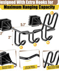 Hard Hat Holder And 3 Hook Organizer For Truck And Car Seats - Built To Keep Safety Helmets, Caps, Jackets, Tool Bags, And Groceries Handy In Reach With Patent Pending Triple Hooks - Black shown with dimensions and features.
