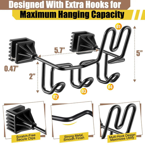 Hard Hat Holder And 3 Hook Organizer For Truck And Car Seats - Built To Keep Safety Helmets, Caps, Jackets, Tool Bags, And Groceries Handy In Reach With Patent Pending Triple Hooks - Black shown with dimensions and features.