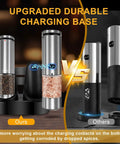 Electric Salt And Pepper Grinder Set USB Rechargeable With External Coarseness Control showing upgraded charging base