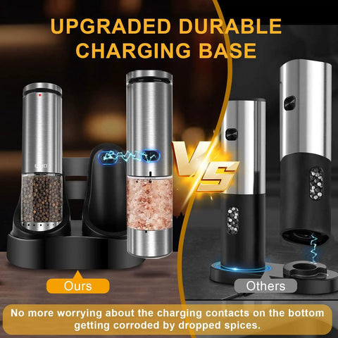 Electric Salt And Pepper Grinder Set USB Rechargeable With External Coarseness Control showing upgraded charging base