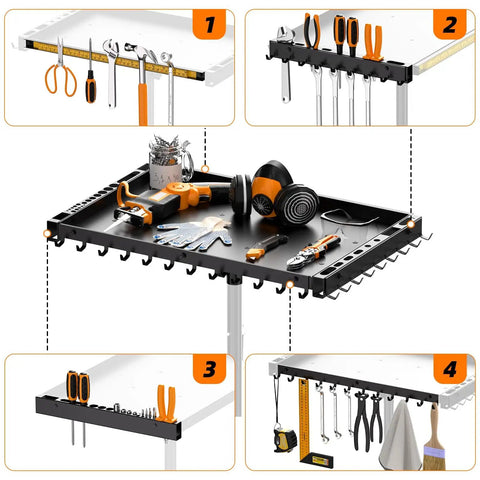 Height Adjustable Rolling Tool Cart With Wheels And Magnetic Tray Holder For Garage Workbench 42cm By 30.5cm Tray 50 Lb Load Capacity Magnetic Strip Organizer Mobile Tool Storage Cart with tools displayed on tray.