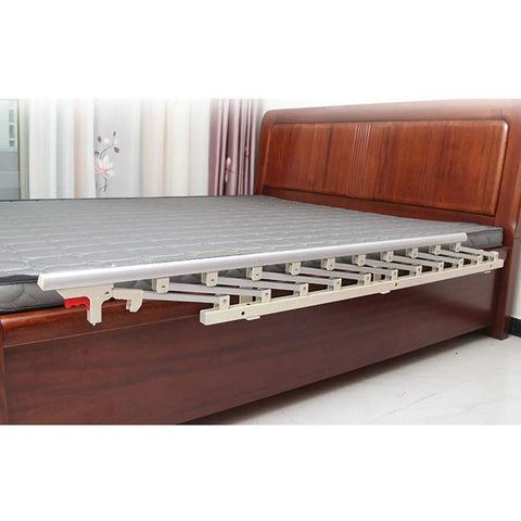 Foldable Bed Rail Safety Side Guard For Elderly And Handicap attached to bed frame, champagne aluminum alloy, side view