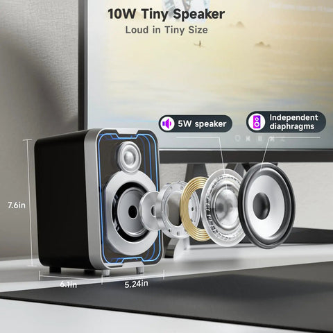 Diagram of Tiny Desk Soundbar 2.0 Computer Speakers USB Powered Bluetooth Wired PC Speaker with dual diaphragms and LED modes.