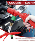 Heavy Duty Coolant Flush Gun Kit With Garden Hose Coupler And Air Line Splitter For Heater Core Backflush and Radiator Cleaning shown in use.