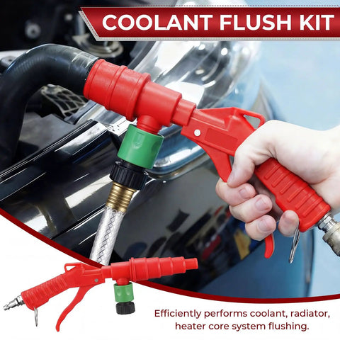 Heavy Duty Coolant Flush Gun Kit With Garden Hose Coupler And Air Line Splitter For Heater Core Backflush and Radiator Cleaning shown in use.