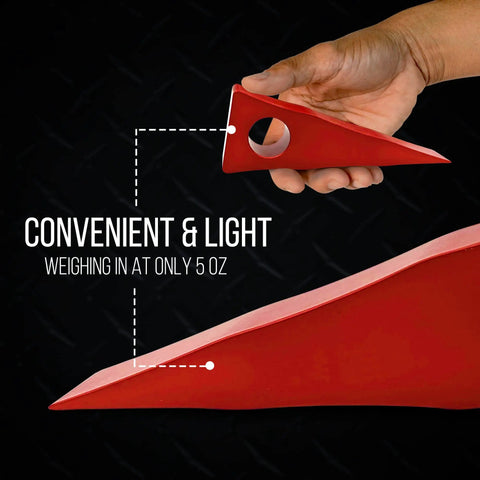 Red heavy duty aluminum forcible entry wedge set showing lightweight 5 oz design for doors and windows, firefighter entry aid.