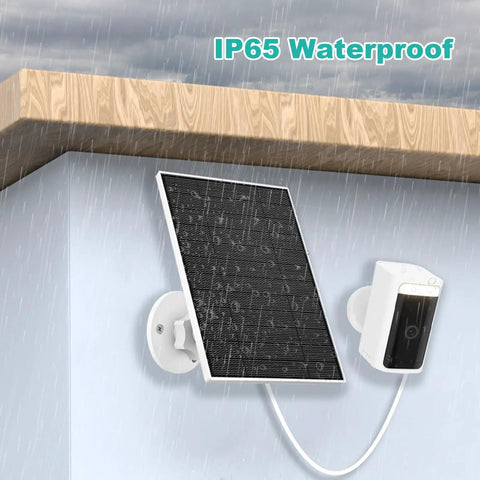 5W Solar Panel Charger For Wyze Battery Cam Pro And Wyze Outdoor V1 V2 With USB C Port IP65 Waterproof mounted in rain