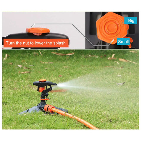 360 Degree Yard Sprinkler With Adjustable 45 To 90 Degree Spray, rotating on grass attached to garden hose, adjusting nut close-up