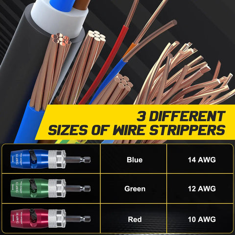 Electric Wire Stripping Drill Attachment Kit for AWG 14-12-10, showing wire strippers and color-coded AWG sizes.